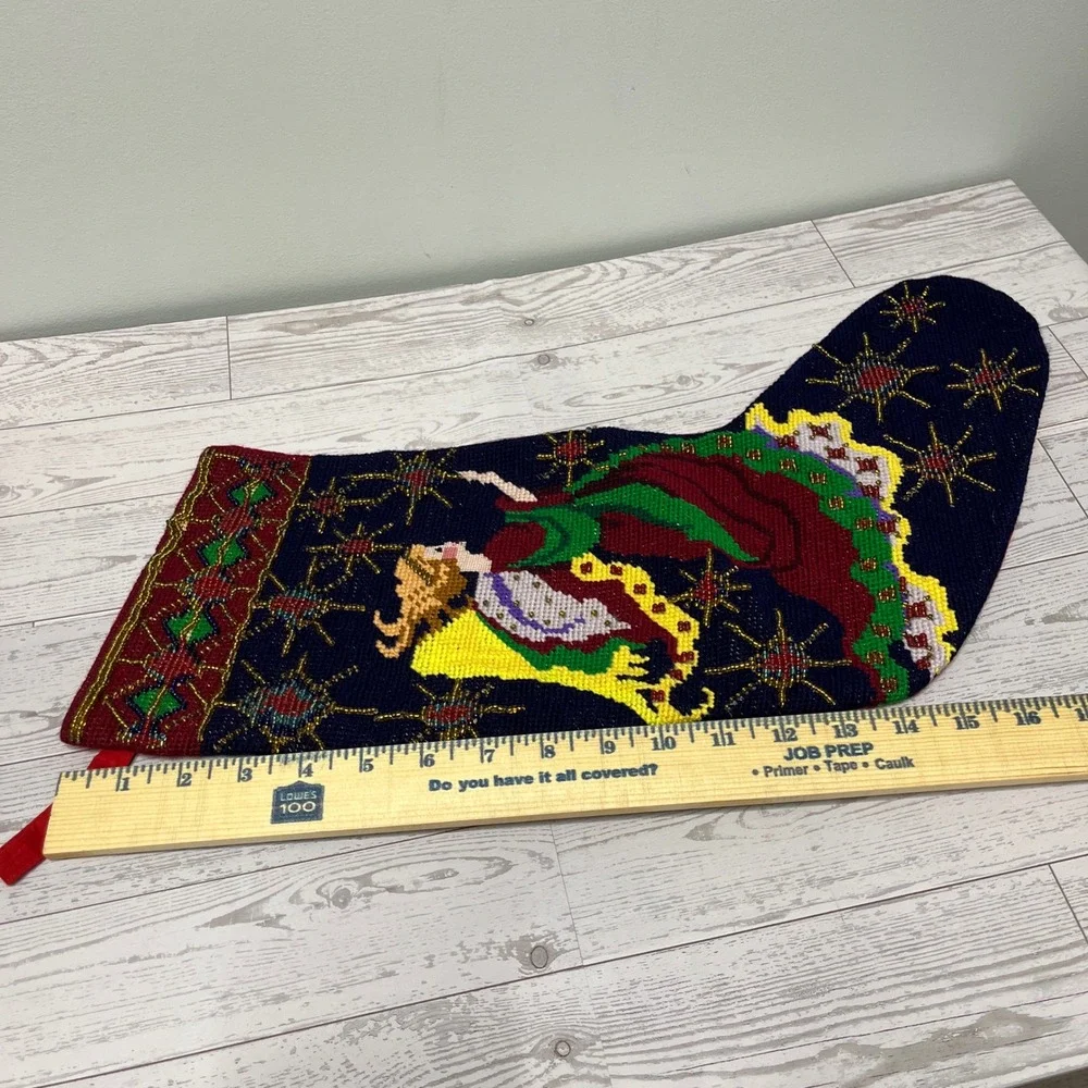 Handmade Needlepoint Angel‎ Christmas Stocking Beaded Stars Red Velvet
